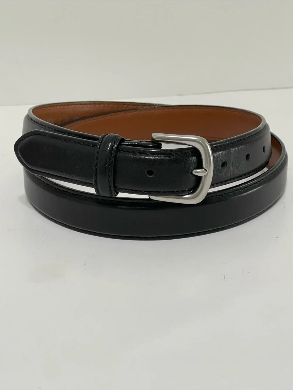 LL Bean Smooth Black Leather Belt Silver Tone Buckle Made in USA Vintage Size 42